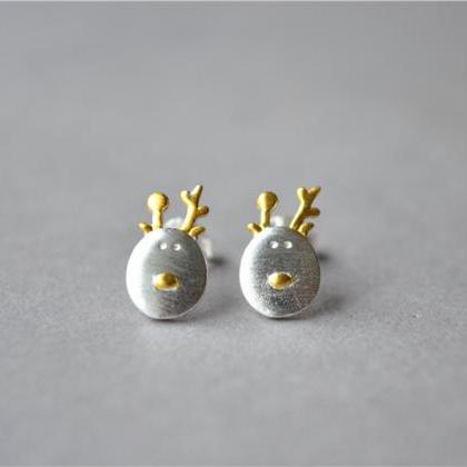 Reindeer Gold And Silver Stud Earrings, 925..