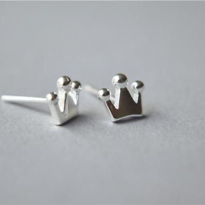 Crown 925 Sterling Silver Stud Earrings, Tiny..