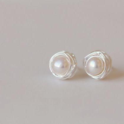 White Pearl Sterling Silver Stud Earrings, Dainty..