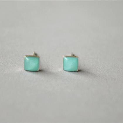 Tiny Mint Square Stud Earrings, Sterling Silver..