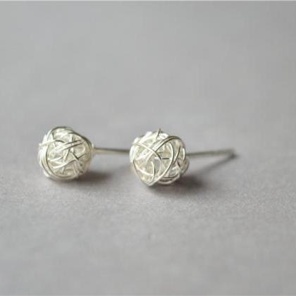 Sterling Silver Stud Earrings, Wrapping Ball..