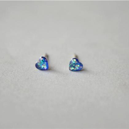Blue Heart Stud Earrings, Natural Resin Cover,..