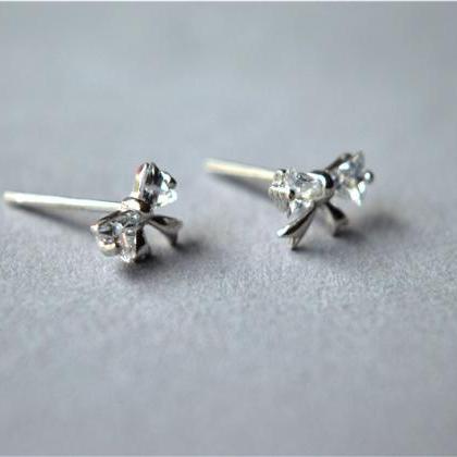 Sterling Silver Zirconia Bow Stud Earrings, Tiny..