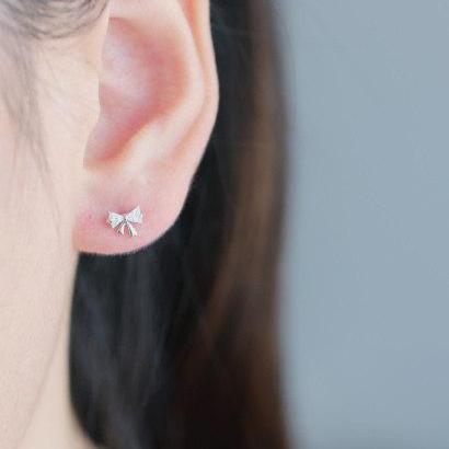 Sterling Silver Zirconia Bow Stud Earrings, Tiny..