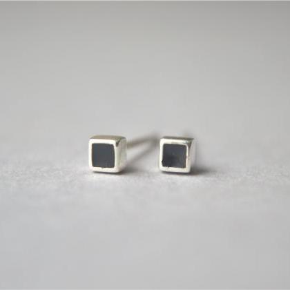 Mini Black Cube Stud Earrings, 925 Sterling Silver..