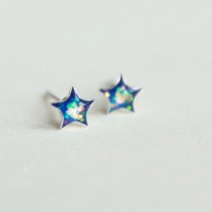 Shiny Blue Star Stud Earrings, 925 Sterling Silver..
