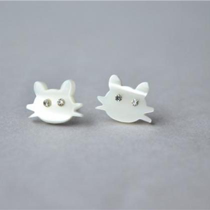925 Sterling Silver White Shell Cat Stud Earrings,..
