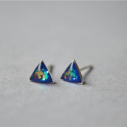 Blue Triangle Stud Earrings, Natural Resin Cover,..