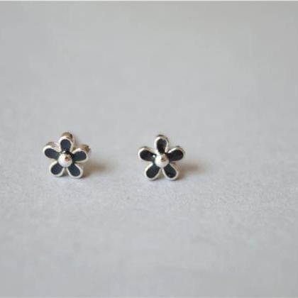 Small Black Flower Stud Earrings, 925 Sterling..