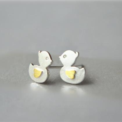 Duck Shape, Sterling Silver Stud Earrings With 14k..