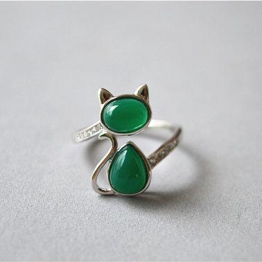 Green Agate Cat Ring, Sterling Silver Cat Ring,..