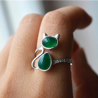 Green Agate Cat Ring, Sterling Silver Cat Ring,..