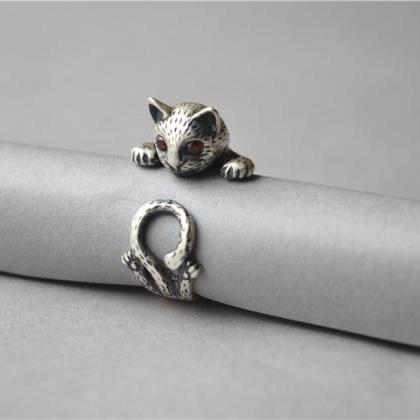 Big Black 990 Sterling Silver Cat Ring With Red..