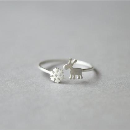 Deer And Snowflake 925 Sterling Silver Thin Ring,..