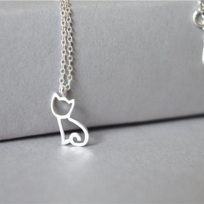 Simple Tiny Silver Cat Necklace, 925 Sterling..