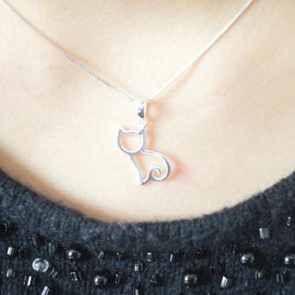 Simple Tiny Silver Cat Necklace, 925 Sterling..