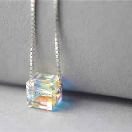 Cube Crystle Necklace, Aurora Rainbow Shiny Sugar..