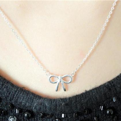 Silver Bow Necklace, Tiny Bow Pendant, Thin Chain..