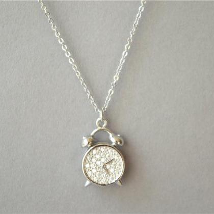 Cute Alarm Clock Necklace With Shiny Zirconia On,..