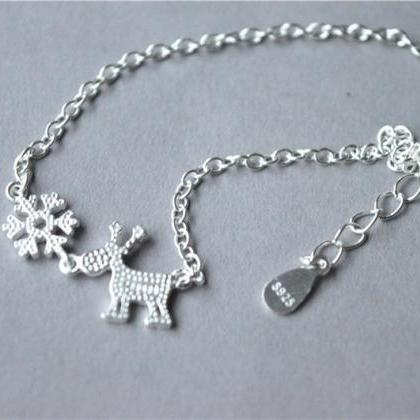 Snowflake Reindeer Bracelet, 925 Sterling Silver..