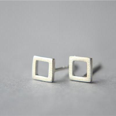 Tiny square sterling silver stud earring, small mini post minimalist square stud earrings (D267)