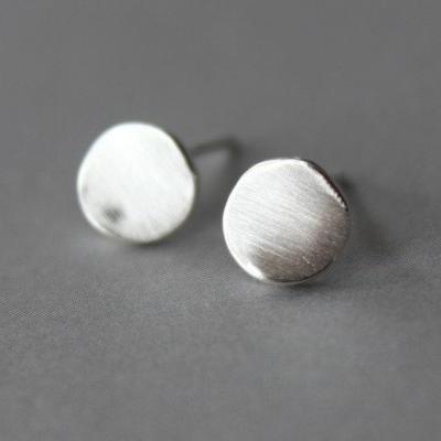 Simple silver stud earrings, sterling silver made, round camber concave shape (D97)