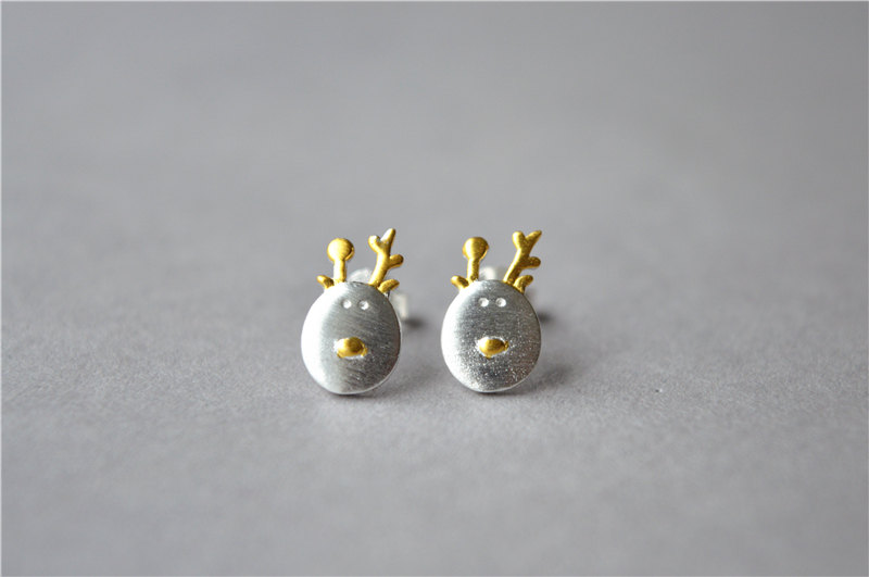 Reindeer Gold And Silver Stud Earrings, 925 Sterling Silver Made, Christmas Stud Earrings（d356）