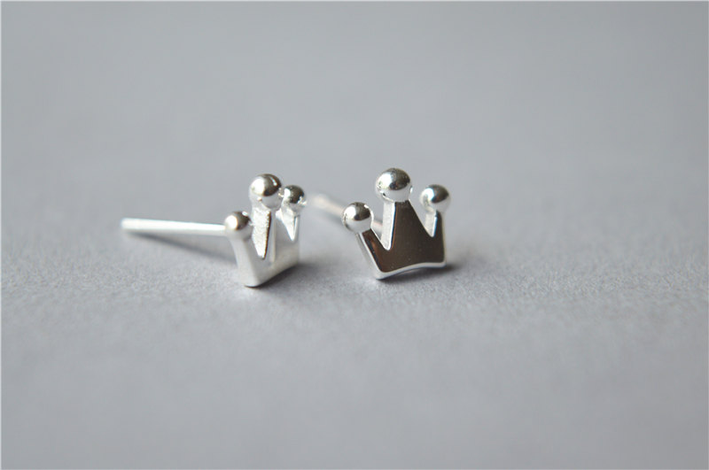 Crown 925 Sterling Silver Stud Earrings, Tiny Simple Pair With Good Quality Detailed, Brushed Surface Or Shiny Surface (d24)