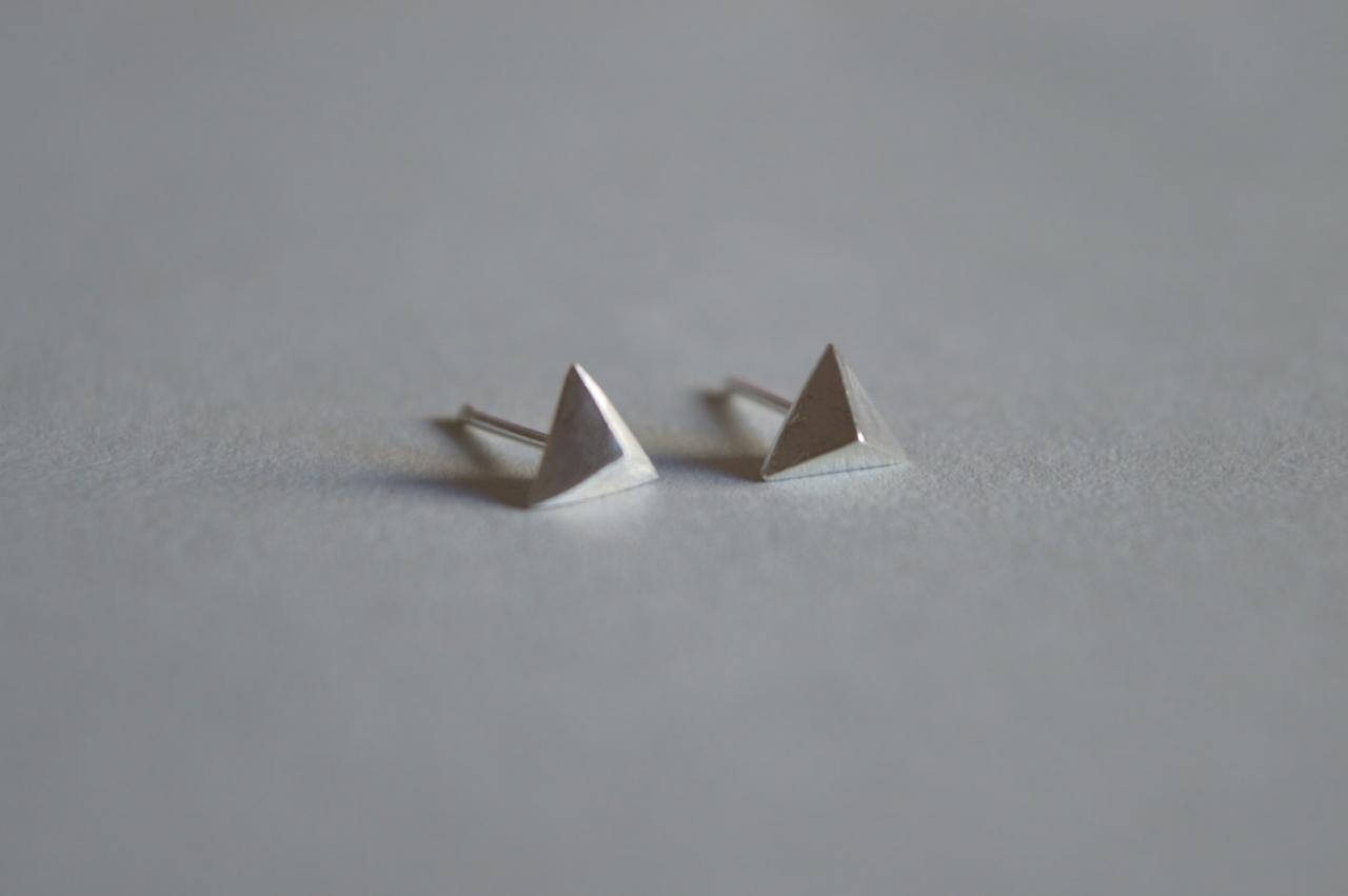 Triangle Sterling Silver Stud Earrings, Simple Dainty Pair , Brushed Surface (d59)