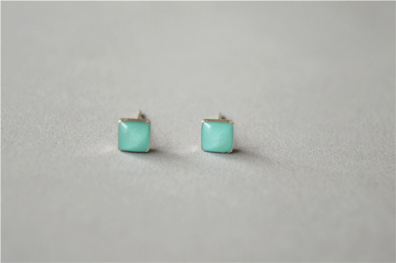 Tiny Mint Square Stud Earrings, Sterling Silver Post And Back (d167)