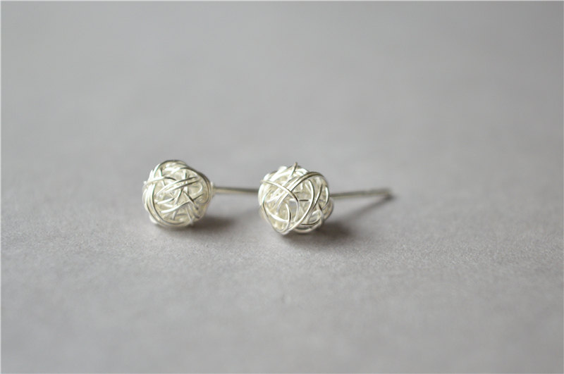 Sterling Silver Stud Earrings, Wrapping Ball Studs, Simple Basic 925 Silver Studs (d46)