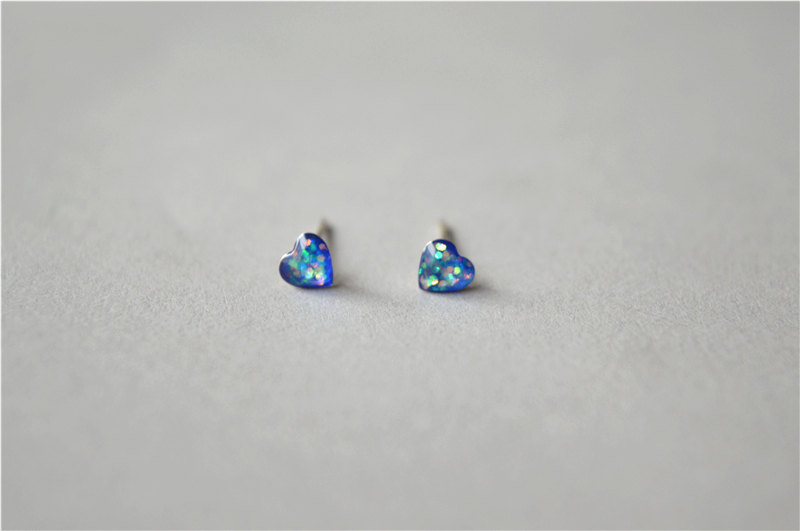Blue Heart Stud Earrings, Natural Resin Cover, Shiny Inside, Sterling Silver Post And Back , Gift For Daughter (d169)
