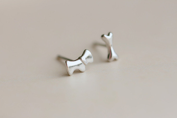 Silver Stud Earrings, Dog And Bone Shapes, Cute Pair Of Jewelry (d40)