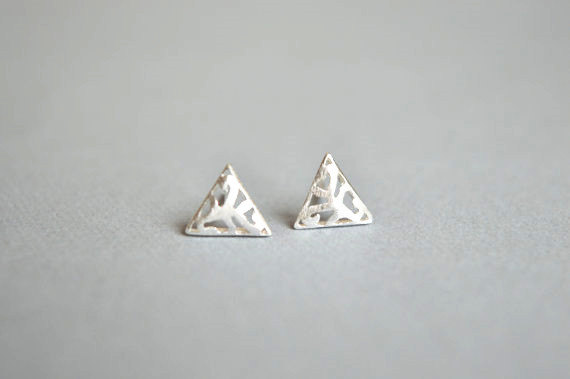 Triangle Sterling Silver Stud Earrings, Simple Hollow-out Pattern, Fine Jewelry (d60)