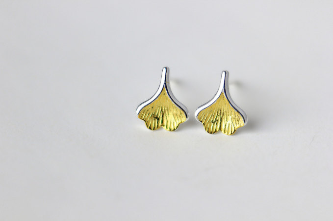 Leaf Sterling Silver Stud Earrings, Phoenix Tree Leaf , With 14k Gold Plated Front（d195）