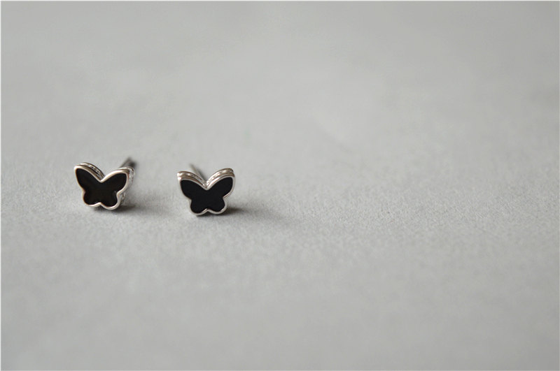 Butterfly Stud Earrings, Black Butterfly, Sterling Silver Stud Earrings, Small Tiny Pair (d163)