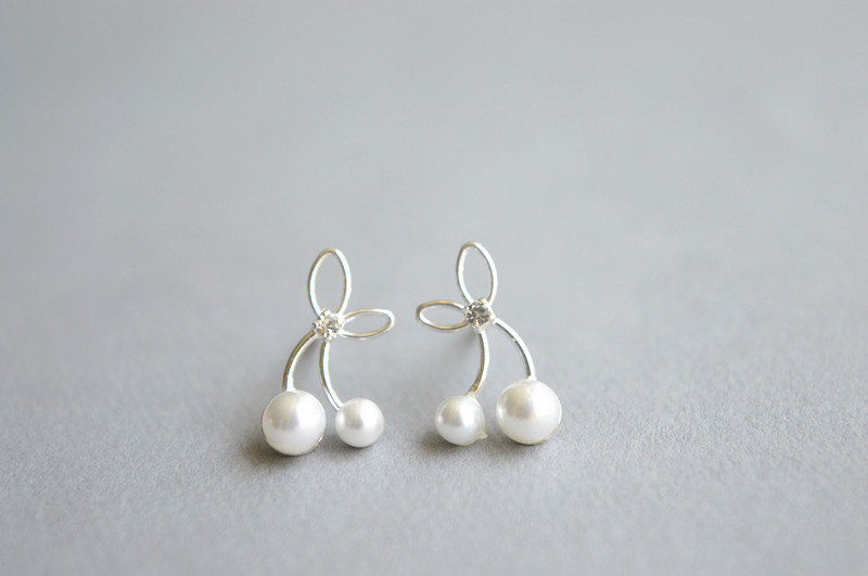 Cherry Sterling Silver Pearl Stud Earrings, Zirconia White Pearl Stud Earrings, Dainty Women's Cherry Jewelry, Gift For