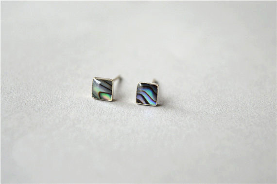 Tiny Square Stud Earrings, Aurora Borealis Shell Cover, Sterling Silver Post And Back (d167)