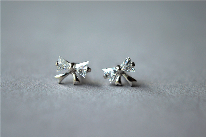 Sterling Silver Zirconia Bow Stud Earrings, Tiny Simple Pair (d108)