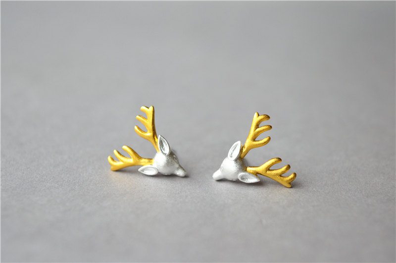 Reindeer Antler Solid 925 Sterling Silver Stud Earrings, Gold And Silver Christmas Stud Earrings（d346）