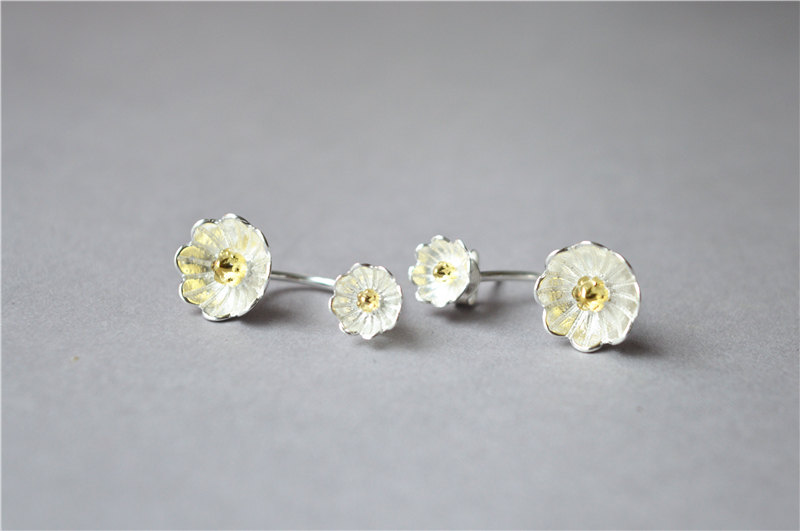 Flower Stud Earrings Ear Jackets, 925 Sterling Silver Jewelry (d355)