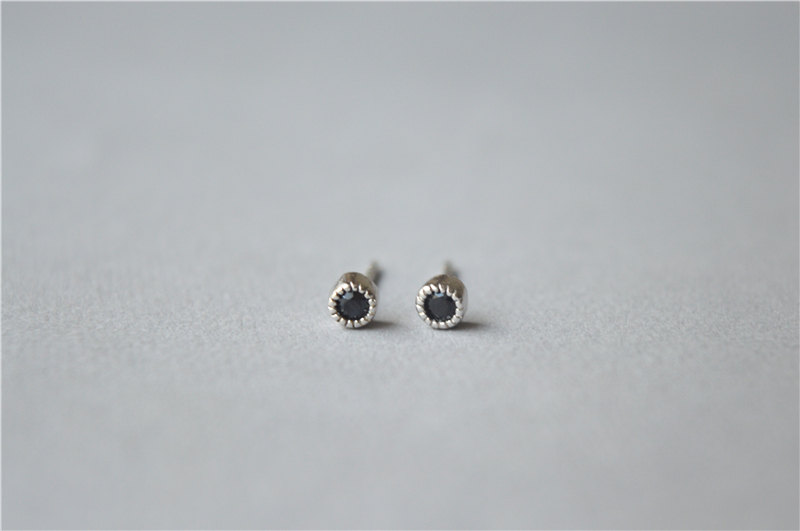 Mini Black Gemstone Round Stud Earrings Small Agate Sterling Mini Black Gemstone Round Stud Earrings Small Agate Sterling Silver Post Daily Wear Pair D284
