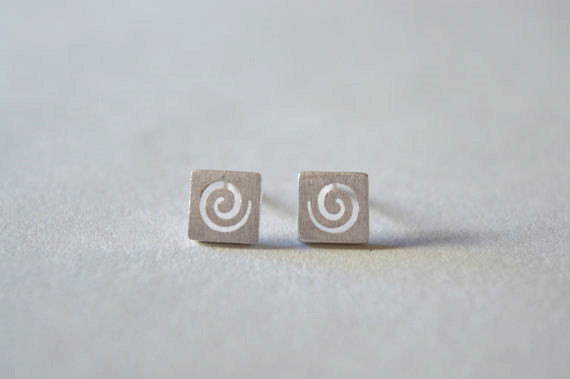 Square Stering Silver Stud Earrings, With Swirl Pattern, Simple But Special For Everyday (d74)