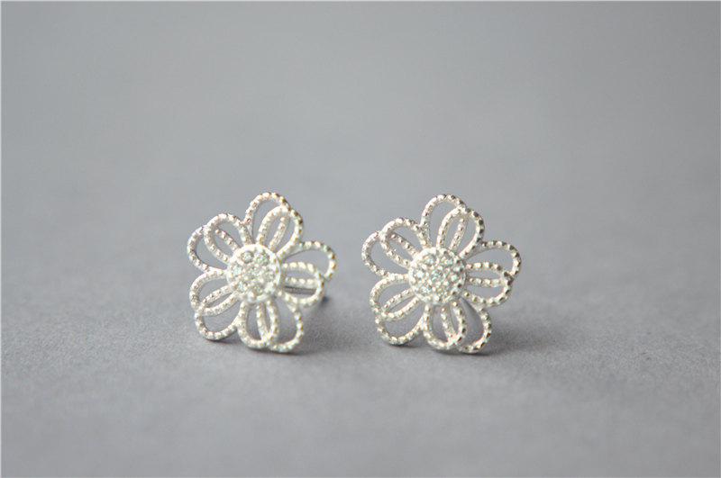 Big 925 Sterling Silver Flower Stud Earrings, Braid Style With Mini Zirconia Inlaid, Super Elegant And Delicate (d176)