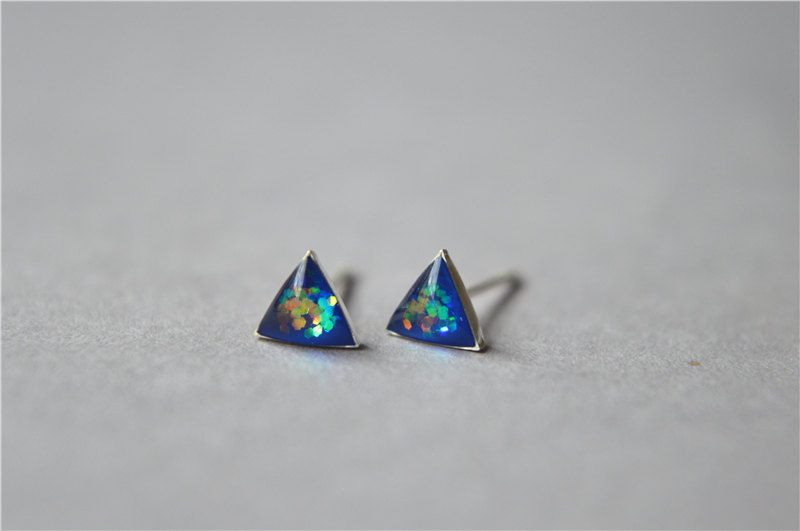 Blue Triangle Stud Earrings, Natural Resin Cover, Shiny Inside, Sterling Silver Post And Back , Gift For Daughter (d169)