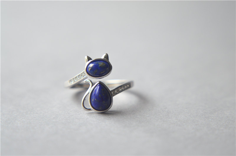 Lapis Lazuli Cat Ring, Sterling Silver Cat Ring, Zirconia Cat Ring, Lasurite Cat Ring, Big Blue Navy Cat Ring, Adjustable (jz74)