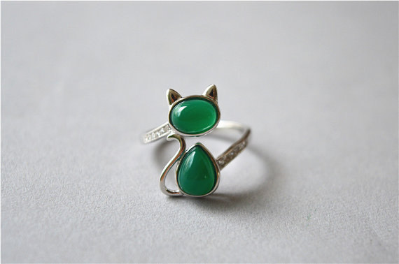 Green Agate Cat Ring, Sterling Silver Cat Ring, Zirconia Cat Ring, Adjustable (jz74)