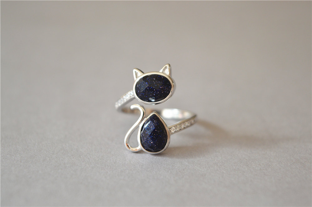 Gemstone Cat Ring, 925 Sterling Silver Cat Ring, Shining Under Sunshine Dark Purple Stone Ring, Big Statement Solitair Adjustable Ring(jz74)