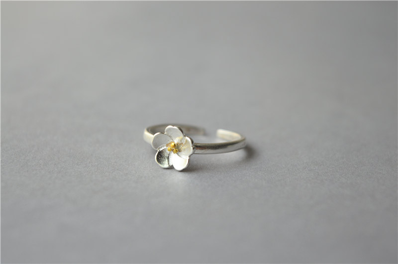 Silver Flower Ring, Gold Flower Heart Ring, 925 Sterling Silver 14k Gold Plated Flower Ring, Open Adjustable Flower Ring, Sakura Ring (jz21)