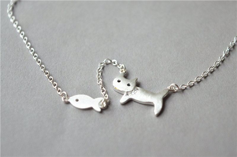 925 Sterling Silver Cat Fish Necklace, Brushed Surface, Christmas Gift (xl42)
